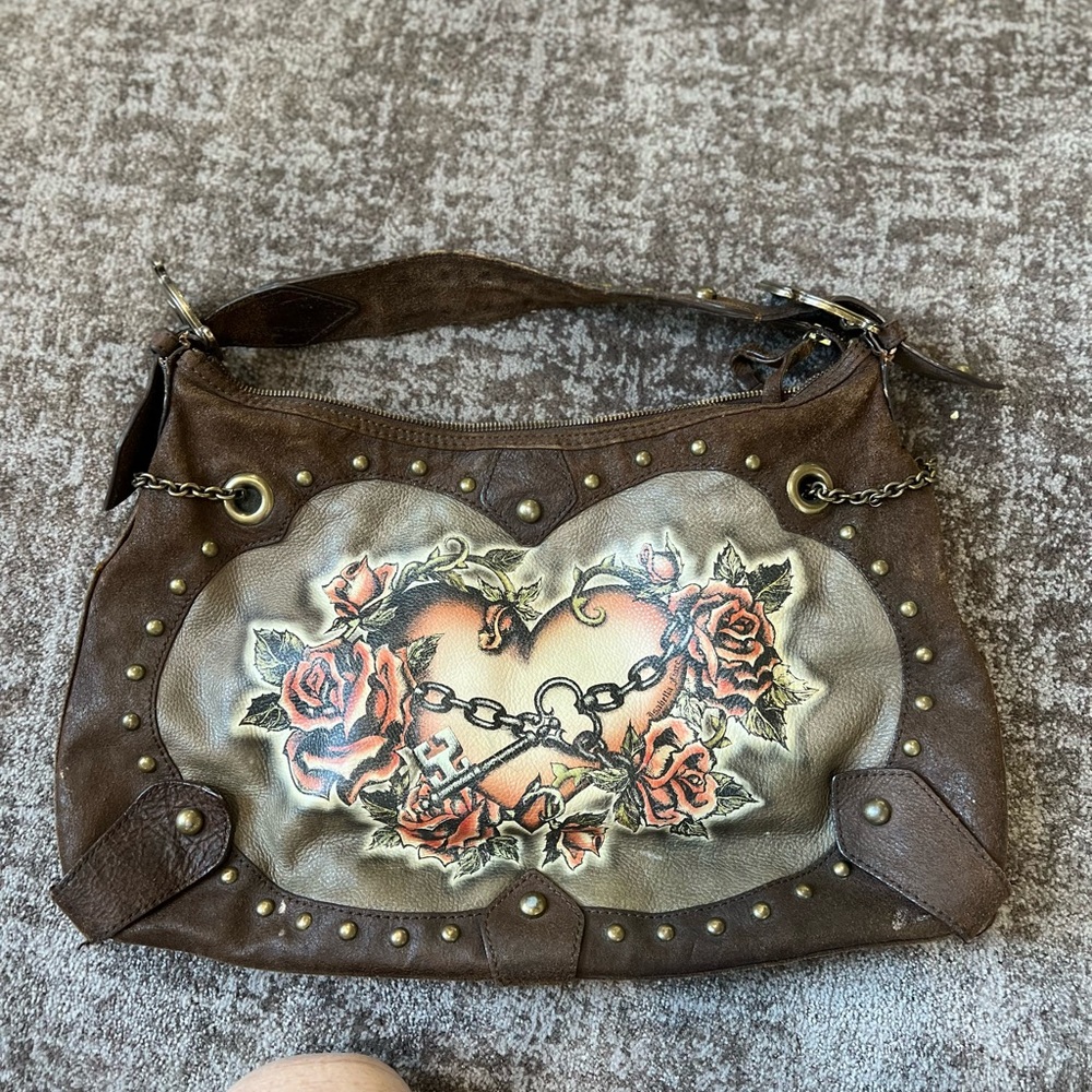 Brown Leather Heart and Roses Women's Bag